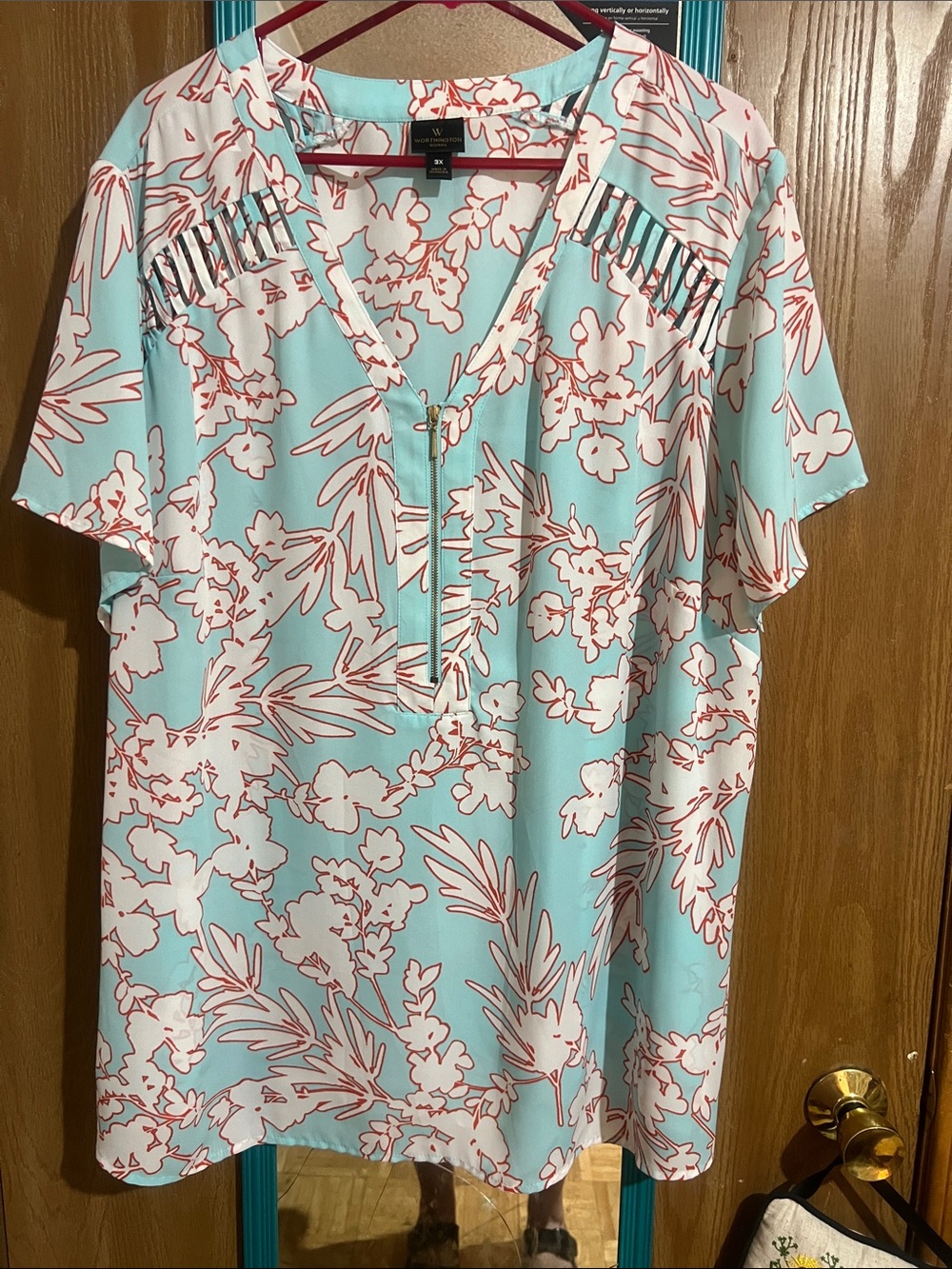 Worthington Aqua and Coral Floral Zip-Front Blouse